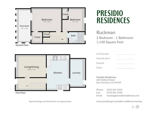 A floor plan for a 2 bedroom, 1 bathroom apartment at Presidio Residences.